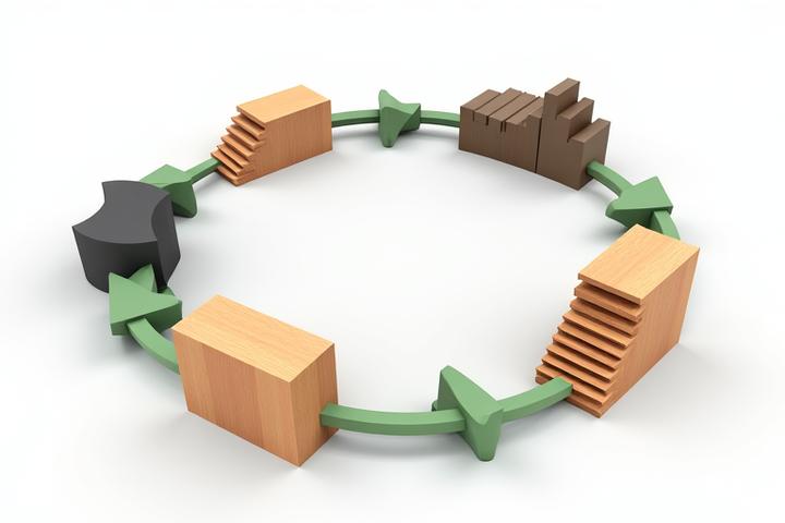 Stylized circular diagram depicting raw timber transitioning through manufacturing to a finished staircase, with recycled materials returning to the start for minimal waste.